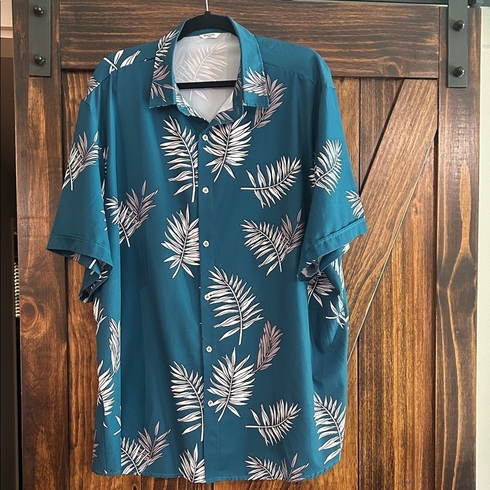SheLucki Teal Leaf Print Men's Shirt XXXL - Picture 2 of 8